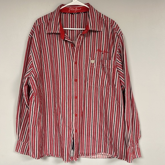 PHAT FARM VINTAGE 90s Y2K RED WHITE STRIPE LONG SLEEVE BUTTON DOWN SHIRT. 3XL - Picture 1 of 9